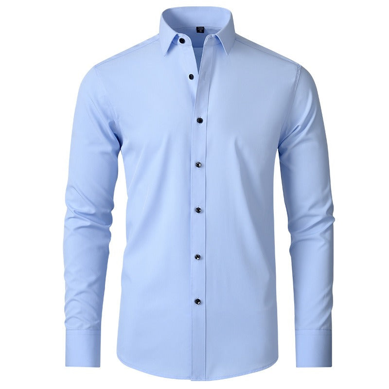 Camicia da uomo elasticizzata casual da lavoro a maniche lunghe, tinta unita, slim, non stirabile, elasticizzata 