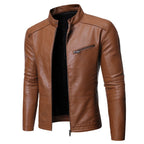 Winter Herren Motorrad Lederjacke Stehkragen Ledermantel 