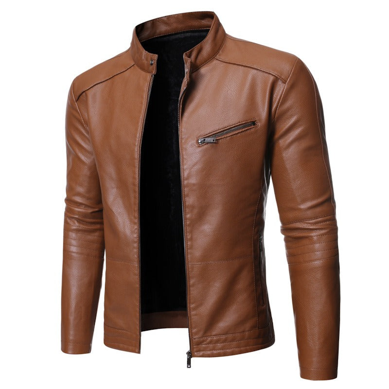 Winter Herren Motorrad Lederjacke Stehkragen Ledermantel 