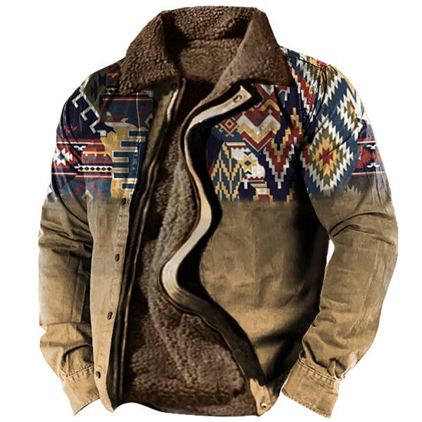 Men's Plus Size Fleece Sherpa Vintage Jacket Aztec Style Zip & Button Up Thick Winter Tactical Lapel Collar Cargo Coat