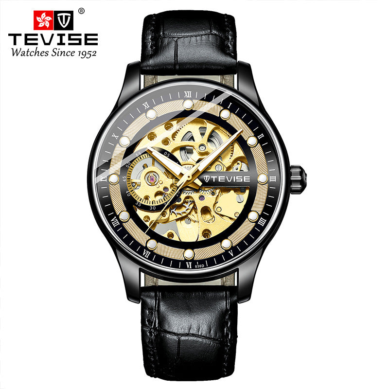 Men's Skeleton Automatic Mechanical Watch Leather Strap Clock Top Wristwatch | T836D