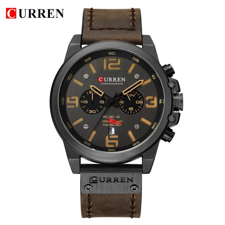Herren Lederuhr Chronograph Armbanduhr Business Quarz Kalender Militäruhr | 8314 