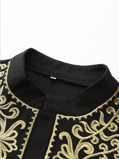 Men's Ethnic Embroidered Robe Long Sleeve Muslim Arabian Thobe with Standing Collar | 524859