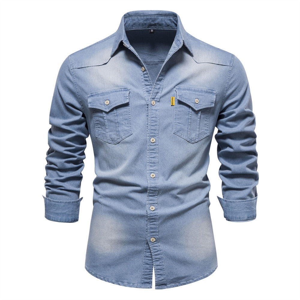 Herren Langarm Denim Bügelfreies Freizeithemd Einfarbig Baumwolle Vintage Style | 6022 