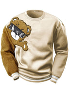 Herren-Sweatshirt mit Cartoon-Bär-Stickerei, Rundhalsausschnitt, Übergröße, Polyestergewebe, lebendiges Tiermuster, Oberteil, Freizeitkleidung, Strickstoffhemd