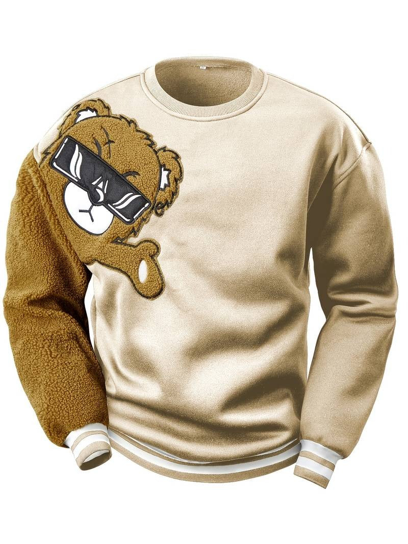 Herren-Sweatshirt mit Cartoon-Bär-Stickerei, Rundhalsausschnitt, Übergröße, Polyestergewebe, lebendiges Tiermuster, Oberteil, Freizeitkleidung, Strickstoffhemd
