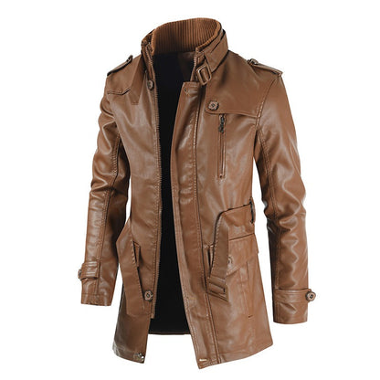 High Quality Casual Pu Leather Jacket Waterproof Thick Stand Collar Zipper Long Coat