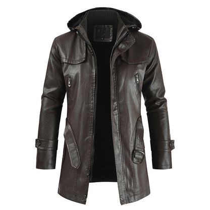 Men's Mid-Length Leather Jacket Youth PU Leather Windbreaker Jacket | XT1045