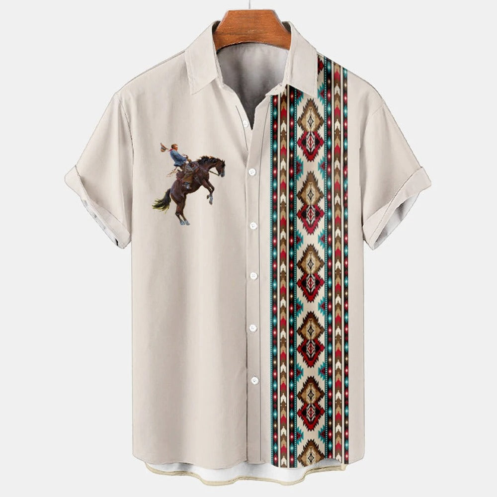 Vintage Ethno Print Herren Casual Kurzarm T-Shirt Cowboy Revers Knopf Bluse Streetwear Poloshirt 