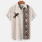 Vintage Ethno Print Herren Casual Kurzarm T-Shirt Cowboy Revers Knopf Bluse Streetwear Poloshirt 