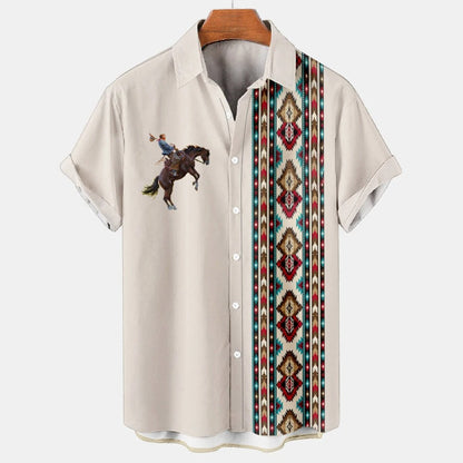 Vintage Ethnic Print Men’s Casual Short Sleeve T Shirt Cowboy Lapel Button Blouse Streetwear Polo Shirt