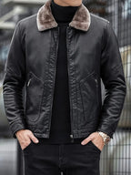 Herren PU-Lederjacke Mäntel Hochwertige Business Pelzkragen Leder Bomber Warme Jacke | 2053 