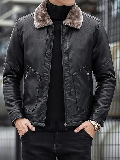 Men's PU Leather Jacket Coats High Quality Business Fur Collar Leather Bomber Warm Jacket | 2053