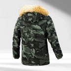 Vielseitige Camouflage-Militärjacke für Herren mit Fleecefutter, Pelzkapuze und mehreren Taschen 