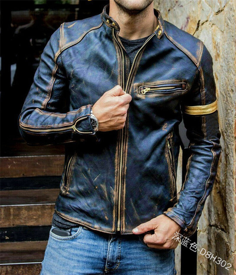 Giacca da motociclista in pelle casual con cerniera e colletto alto vintage da uomo | D8H302 