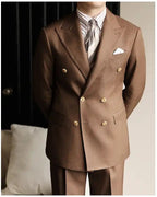 Hochwertiger zweiteiliger Slim Fit Zweireiher Anzug Einfarbig Steigendes Revers Doppelschlitze für Herren | S01 