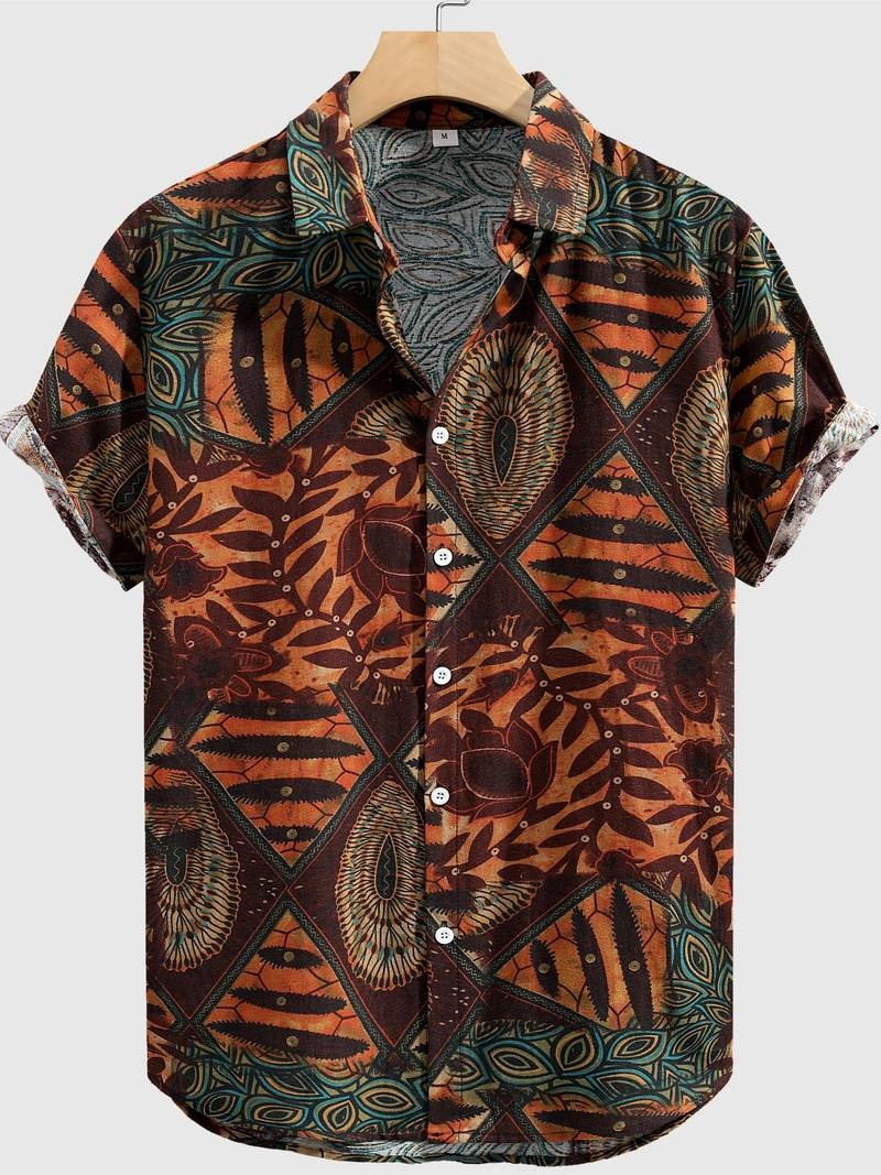 Herren-Hemd mit kurzen Ärmeln und Knopfleiste, Reverskragen, geometrischer Druck, lockere Passform, atmungsaktives, schnell trocknendes Baumwollmischhemd 