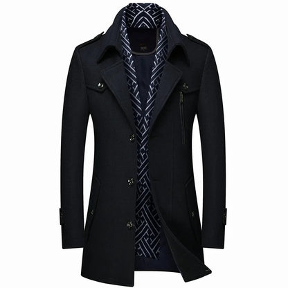 Men's Thickened Wool Windbreaker Coat Scarf Collar Medium-Long Jacket for Winter Warmth | 1906