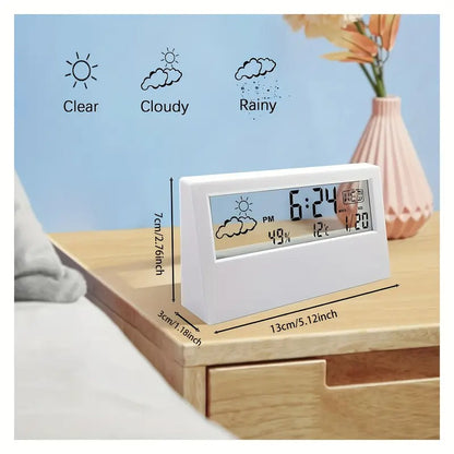 Moderne transparente LED-Digitaluhr – Temperatur und Luftfeuchtigkeit, Wettersymbole, Heim- und Bürodekor | 2158 