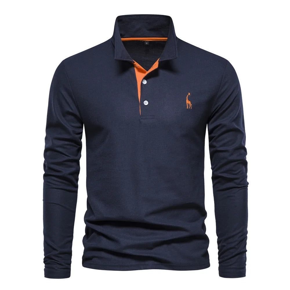 Herren Poloshirt aus Baumwolle, modisch, lässig, langärmelig, mit Hirsch-Stickerei-Design, T-Shirt für Männer | T12 