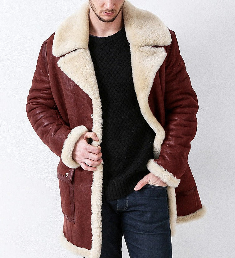 Men's Winter Leather Coat – Long Faux Fur Warm Overcoat Jacket | 6011#