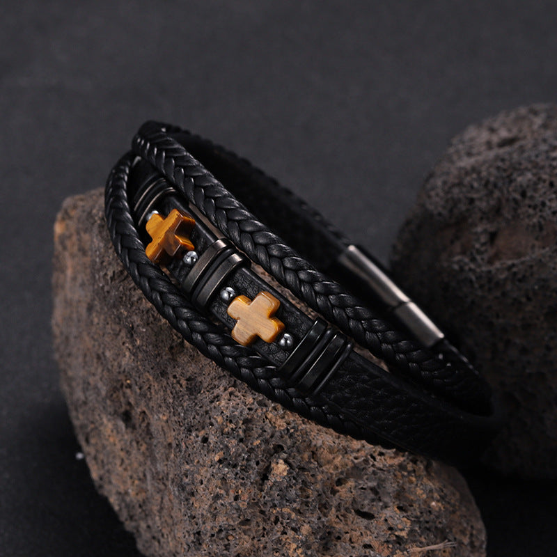Herren Magnetisches Lederarmband Tigerauge Stein &amp; Doppelkreuz Edelstahl | YM-0361