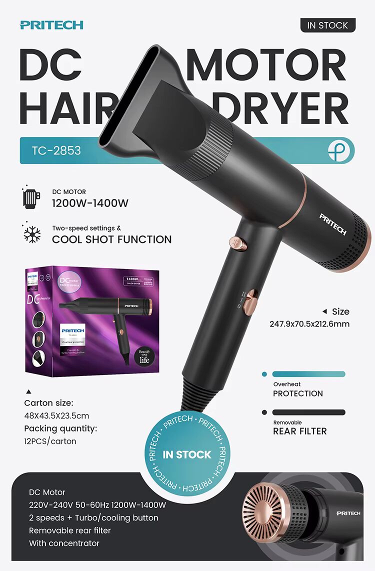 Professioneller Haartrockner mit 1200–1400 W, zweistufigem Gleichstrommotor und VDE-Stecker für Styling in Salonqualität | TC-2853 