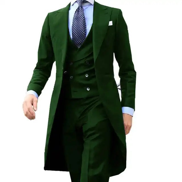 3-teiliger Herrenanzug, Smoking, langer Blazer, maßgeschneidert, handgefertigt, 3-teilig, Party-, Hochzeits- und Arbeitskleid (Blazer + Weste + Hose) | 102 