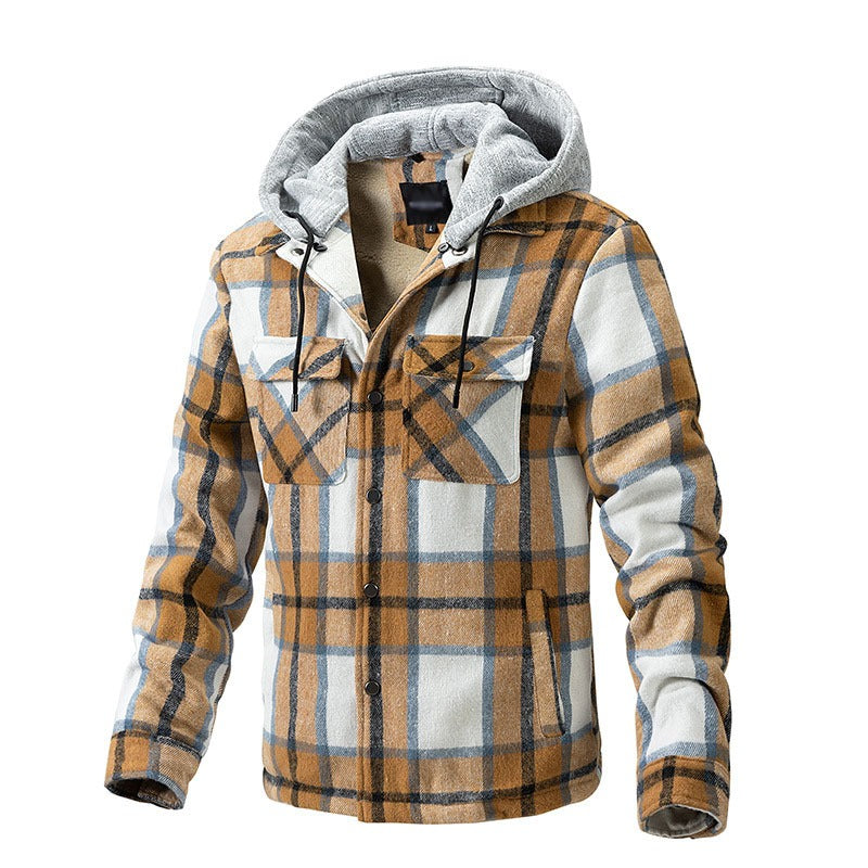 Hochwertige Winterjacke für Herren, karierte Wolle, schweres Übergrößenhemd, karierter Kapuzenmantel, Oversize-Oberteil | 88027 