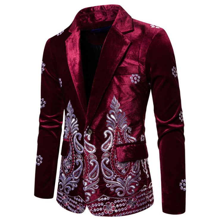 Luxus-Blazer für Herren, Samt, mit Goldfaden bestickt, Hochzeitsanzug, Nachtclub, Party, Kostüm, Mäntel | X1009 
