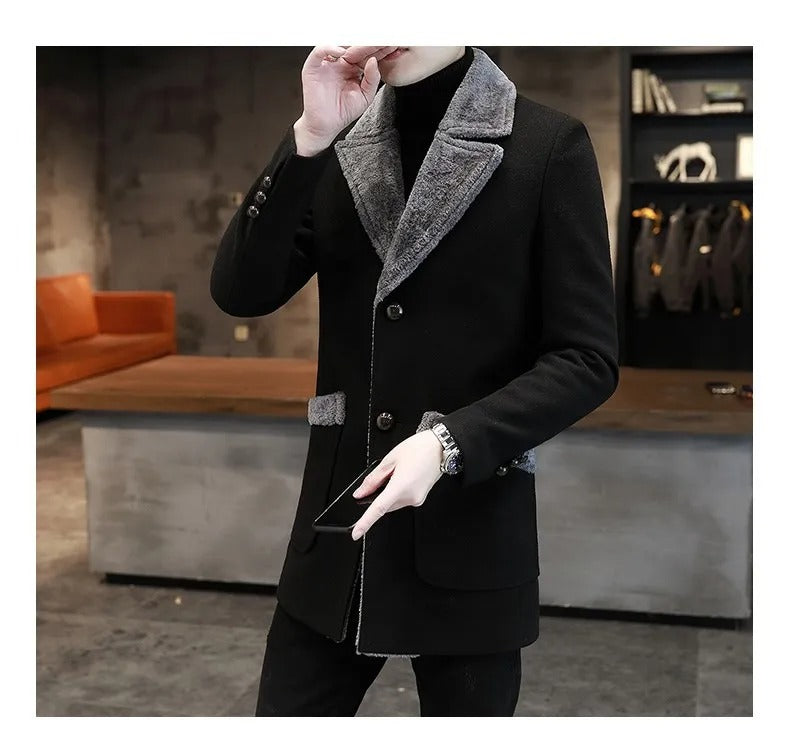 Herren Winter Trenchcoat mit Pelzkragen Slim Fit Mittellanger Mischmantel für kaltes Wetter | D-3229 