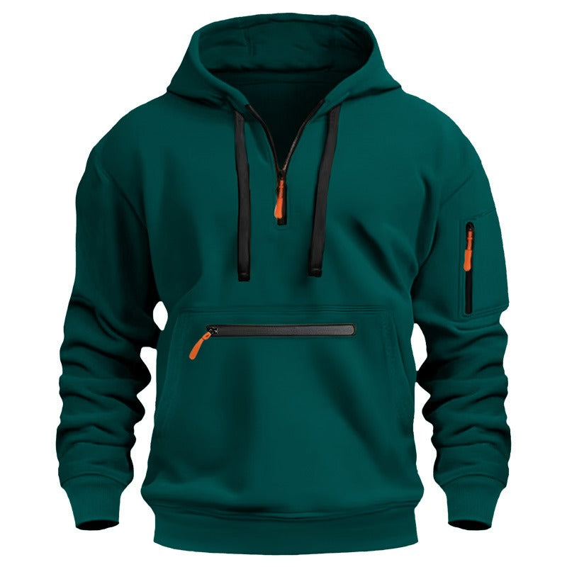 Herren-Kapuzenpullover mit einfarbigem Muster, Reißverschluss, gefütterter Kragen, lockere Passform, lässige Sportbekleidung | TZ-28 