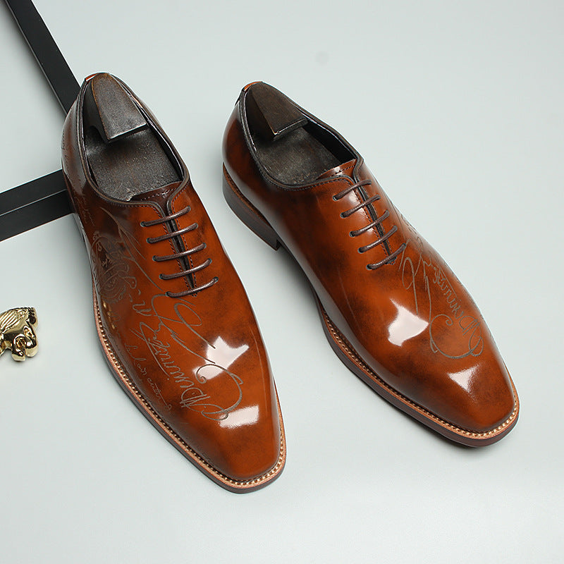 NIUPILI Men‘s Letter Carved Brogue Dress Shoes | Square Toe Patent Leather Business Footwear | Formal Party Oxfords | N68-1
