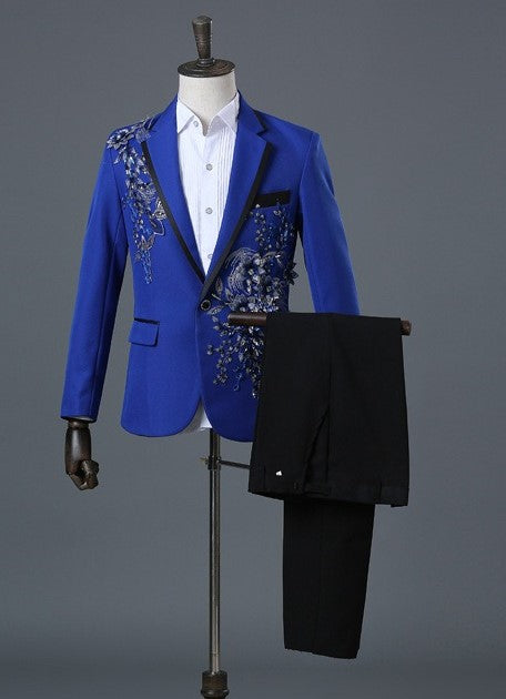 Herrenanzug, 2-teilig, formell, bestickt, elegant, mit blinkenden Pailletten, Kristallen, Blazer, Mantel, Abschlussball, Party, Smoking, Kostüm, Hochzeitsoutfit 