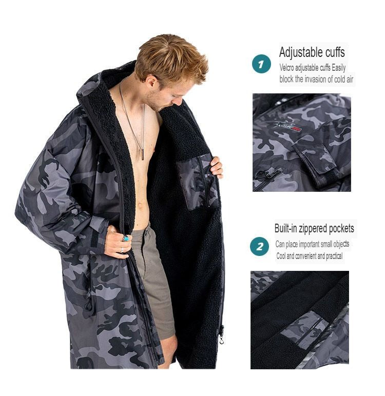 Warmer, wasserdichter Schwimmparka, übergroßer Bademantel mit Kapuze, Sherpa-Innenfutter, Bademantel, Trockenmantel, Surfponcho | BCP266 