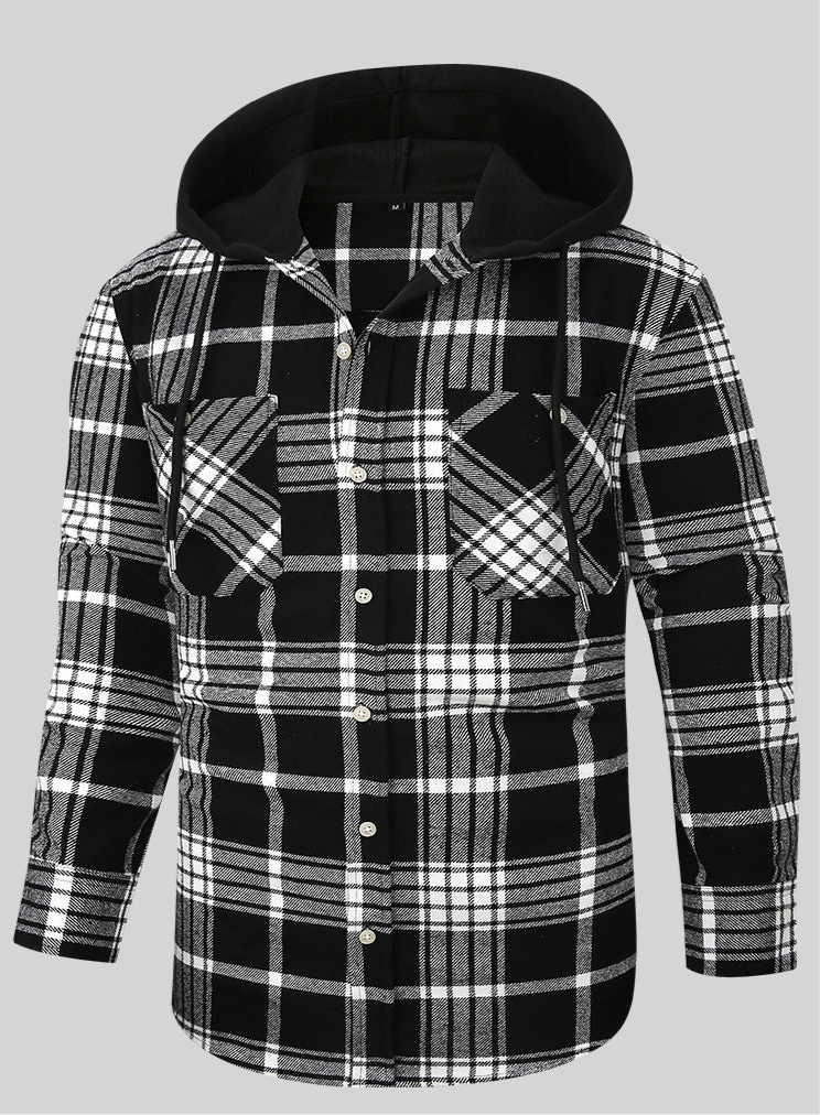 Chic Color Block Men's Plaid Pattern Hooded Long Sleeve Shirt Jacket With Drawstring And Pocket Spring Fall Outwear