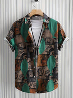 Herren-Hemd mit kurzen Ärmeln und Knopfleiste, Reverskragen, geometrischer Druck, lockere Passform, atmungsaktives, schnell trocknendes Baumwollmischhemd 
