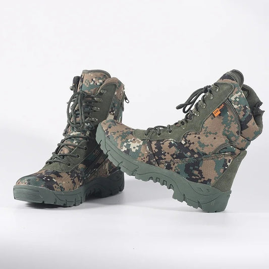 Bottes tactiques militaires montantes pour hommes, chaussures de combat de randonnée à motif camouflage de l'armée avec fermeture éclair latérale | 101 