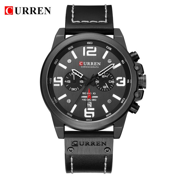 Herren Lederuhr Chronograph Armbanduhr Business Quarz Kalender Militäruhr | 8314 