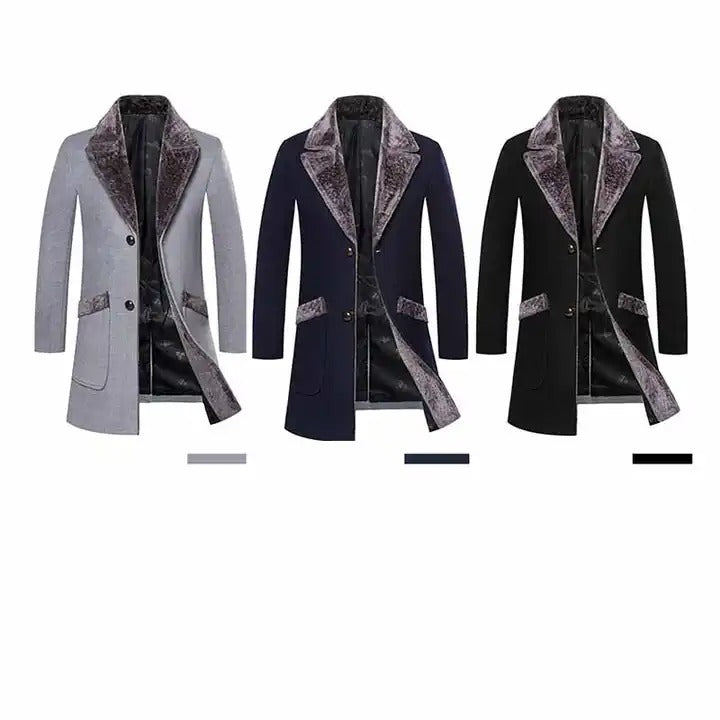 Herren-Trenchcoat mit Pelzkragen, langer Revers, Winterjacke aus Wollmischung, einreihiger Mantel | 224-8919 