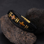 Herren Magnetisches Lederarmband Tigerauge Stein &amp; Doppelkreuz Edelstahl | YM-0361