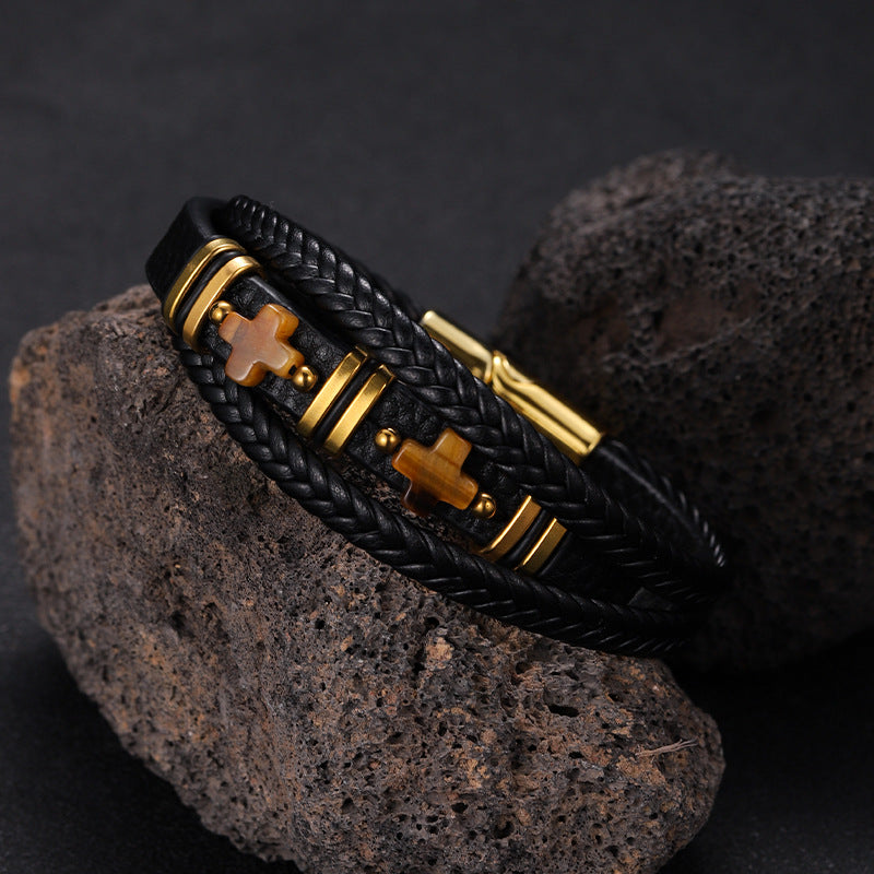 Herren Magnetisches Lederarmband Tigerauge Stein &amp; Doppelkreuz Edelstahl | YM-0361