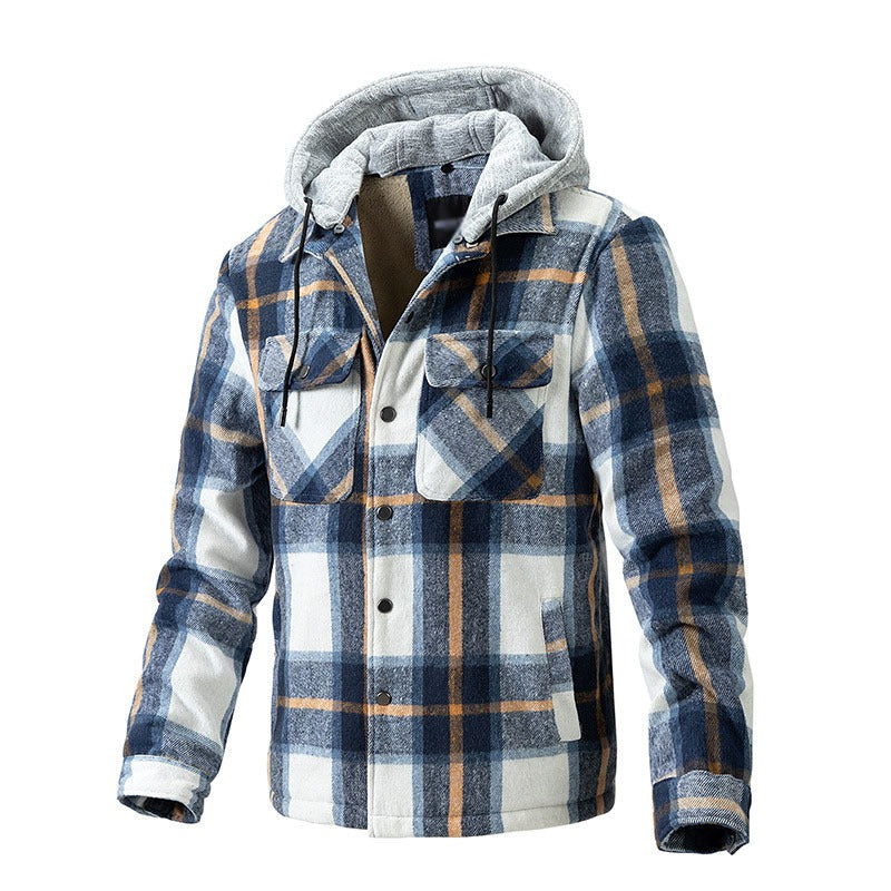 Hochwertige Winterjacke für Herren, karierte Wolle, schweres Übergrößenhemd, karierter Kapuzenmantel, Oversize-Oberteil | 88027 
