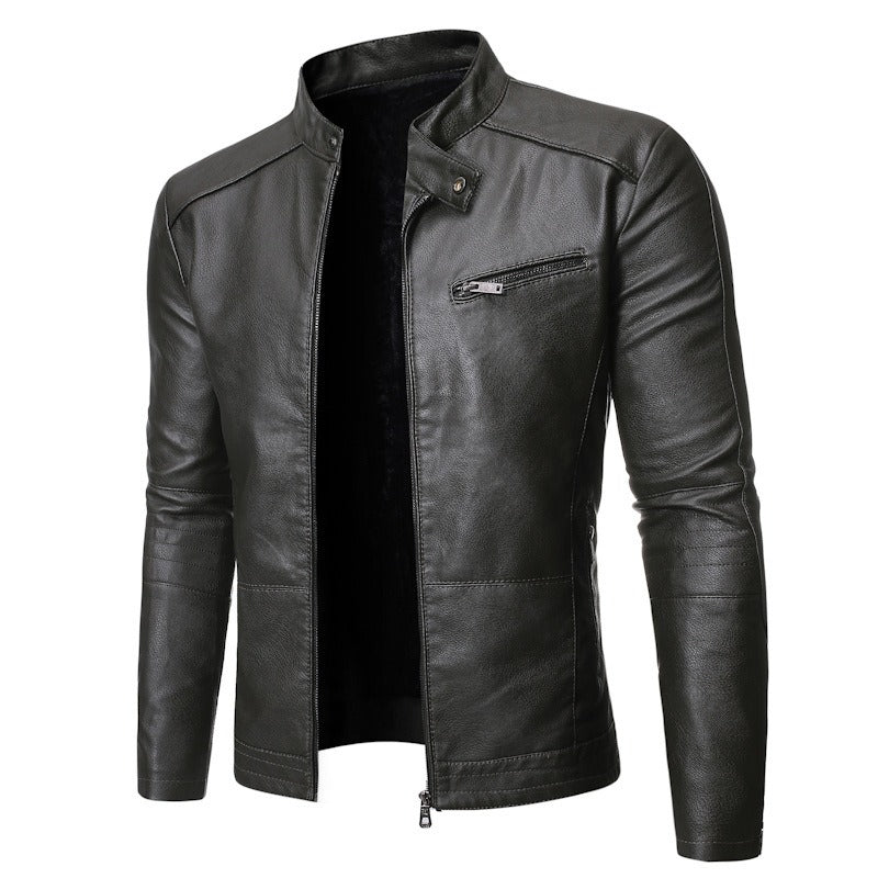 Winter Herren Motorrad Lederjacke Stehkragen Ledermantel 