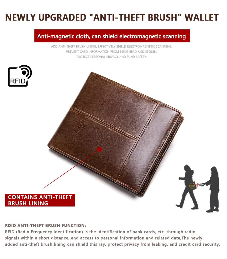 RFID Anti-Theft Leather Wallet Short Cowhide Bifold Design with Multi-Card Slots & Coin Pocket for Men | 8064