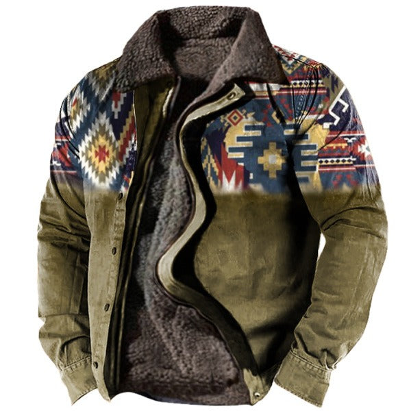 Men's Plus Size Fleece Sherpa Vintage Jacket Aztec Style Zip & Button Up Thick Winter Tactical Lapel Collar Cargo Coat