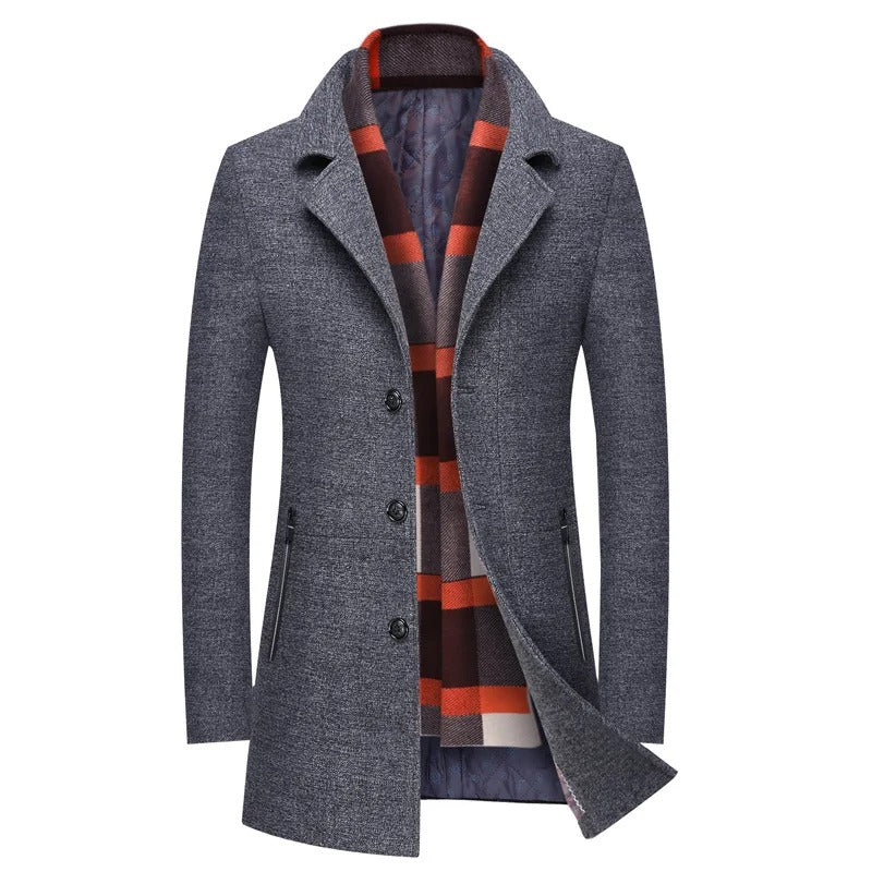 Men's Business Woolen Jacket Turn Down Collar Slim Fit Warm Mid Long Trench Overcoat