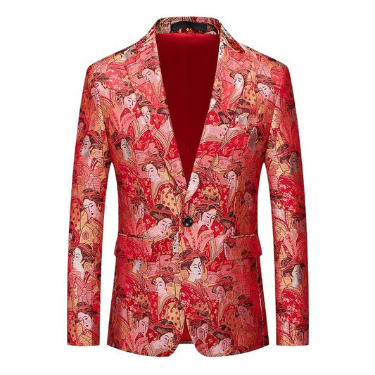 Men's Figure Jacquard Slim Fit Blazer | Single-Button Party & Banquet Jacket | Breathable Formal Wear for Nightclub & Events | 2609