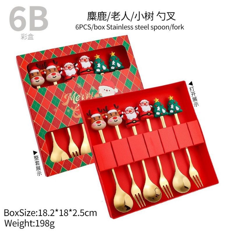 6Pcs Christmas Gifts Style Stainless Steel Doll Dessert Spoon Fork Gift Box Cutlery Set |