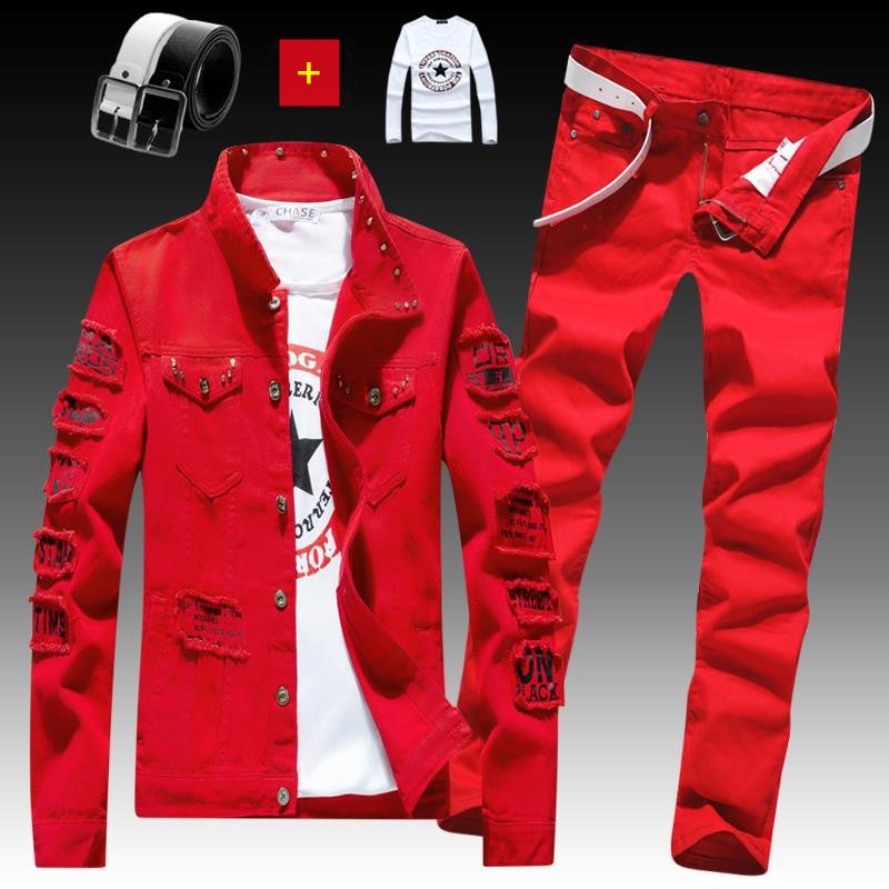 Herren Jeansjacke Jeanshose Buchstaben Druckhose 3-teiliges Set Casual Single Breasted 